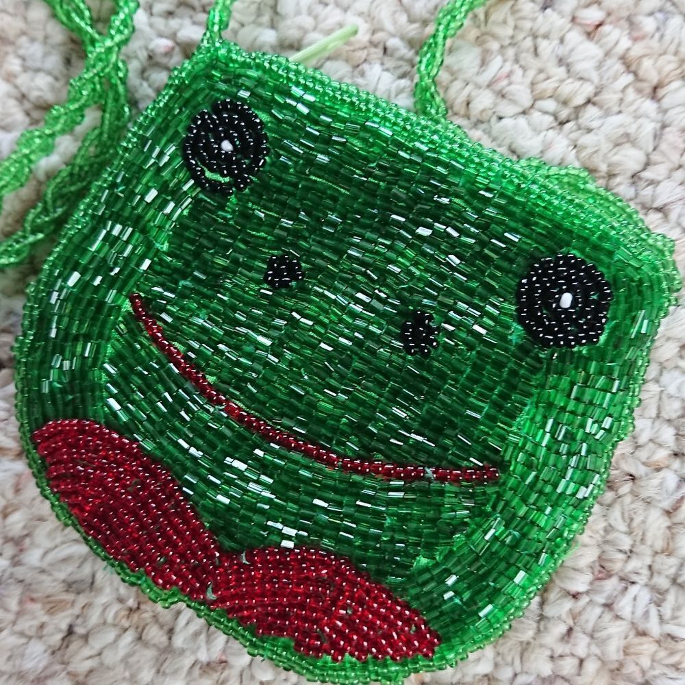Green Beaded Frog Silk Lined crossbody mini bag